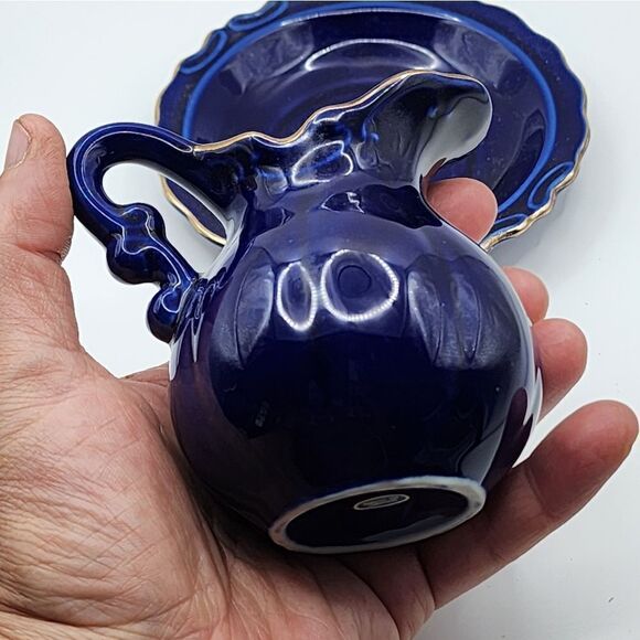 Vintage Mini Cobalt Blue Pitcher and Bowl Set Japan Floral Peacock Pattern - Picture 3 of 6